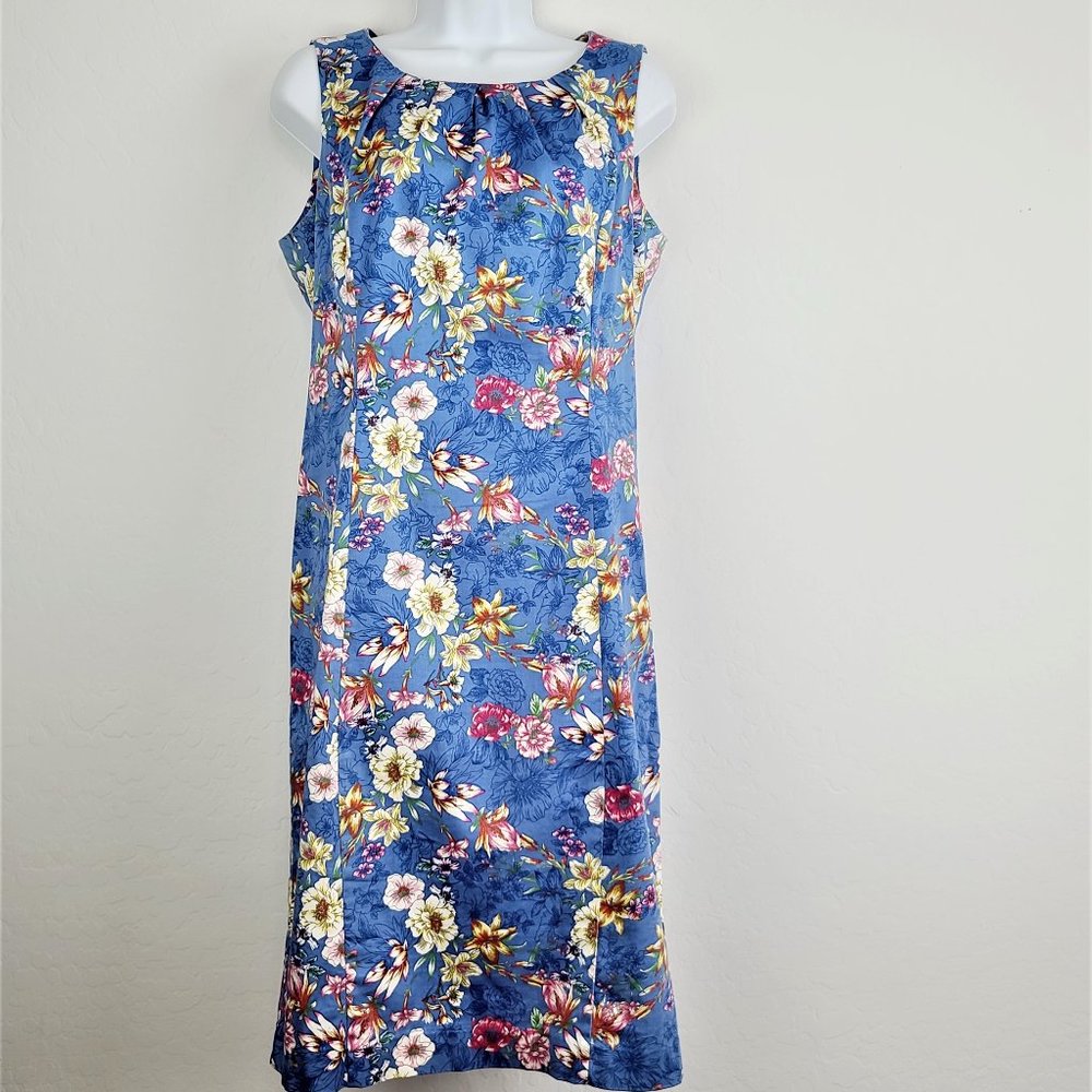 Talbots Dress 10 Sleeveless A-Line Knee Length Blue Floral Zip Back Round Neck